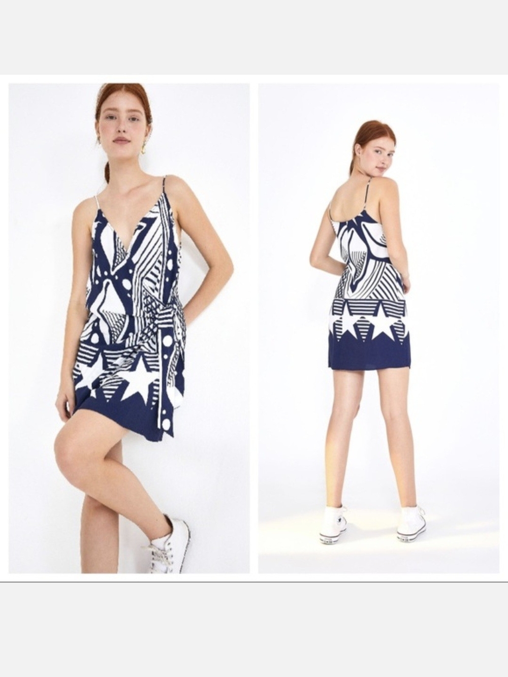 FARM Rio Cowrie Shell Wrap Navy and White Geometric Star Print Mini Dress